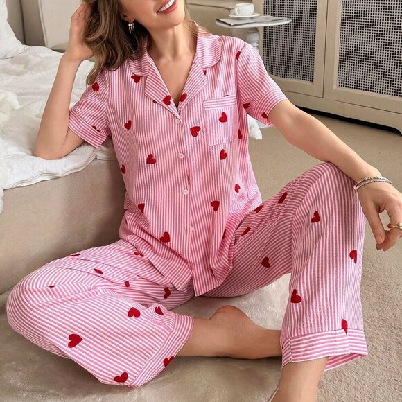 Pink Romantic Women's Valentine's Day Stripe & Heart Print Lapel Pajamas - Picture 5 of 6